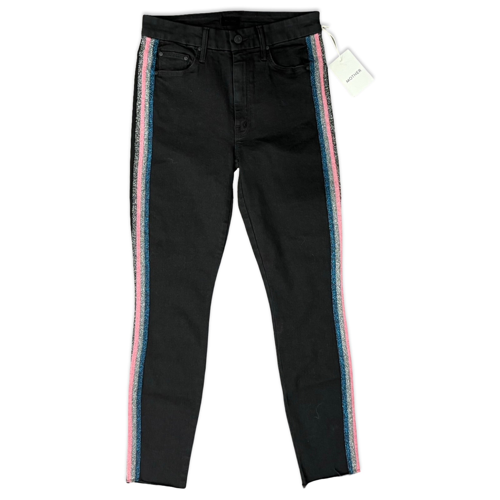 Mother High Waist Looker Black Raw Hem Guilty Glitter Racer Jeans Sz 27 New Tags